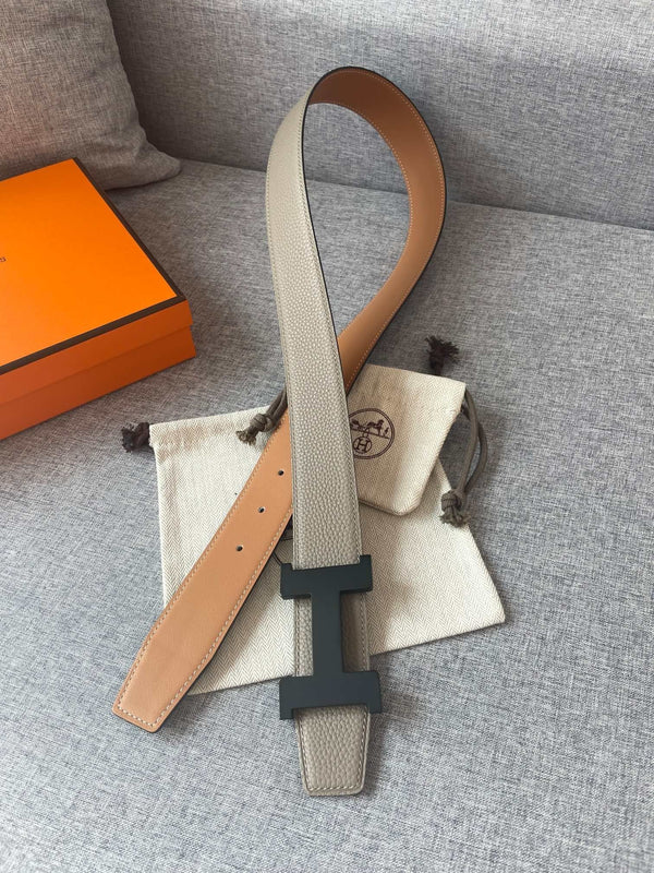 H CONSTANCE REVERSIBLE BELT 38MM BLACK BUCKLE GOLD TIN GREY LEATHER