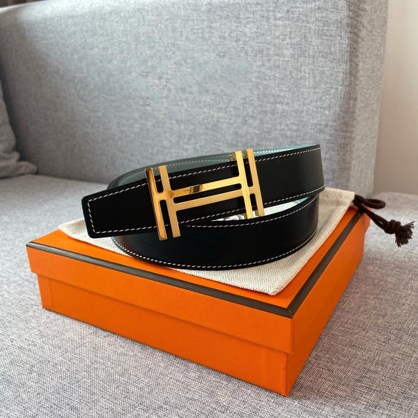 DOUBLE H REVERSIBLE BELT 32MM GOLD BUCKLE BLACK SKY BLUE LEATHER