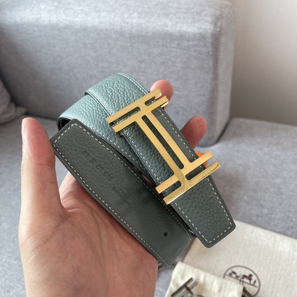 DOUBLE H REVERSIBLE BELT 32MM GOLD BUCKLE BLACK SKY BLUE LEATHER