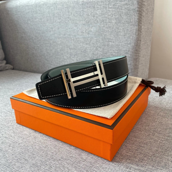 DOUBLE H REVERSIBLE BELT 32MM SILVER BUCKLE BLACK SKY BLUE LEATHER