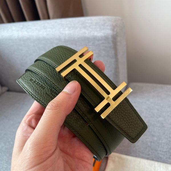 DOUBLE H REVERSIBLE BELT 32MM GOLD BUCKLE BLACK DARK GREEN LEATHER