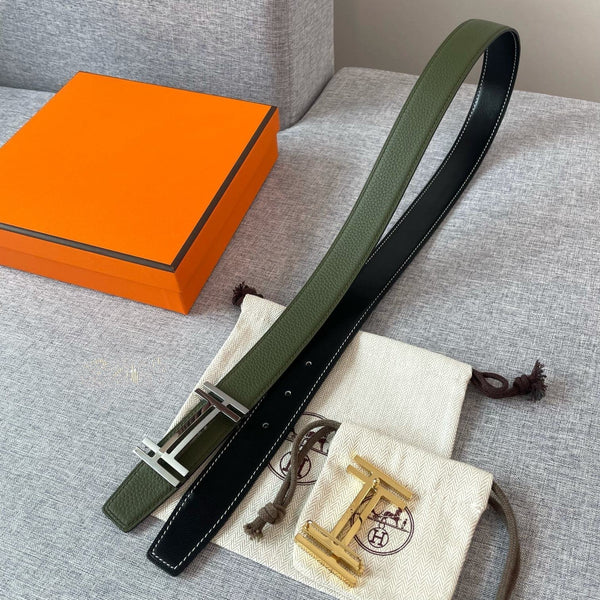 DOUBLE H REVERSIBLE BELT 32MM SILVER BUCKLE BLACK DARK GREEN LEATHER