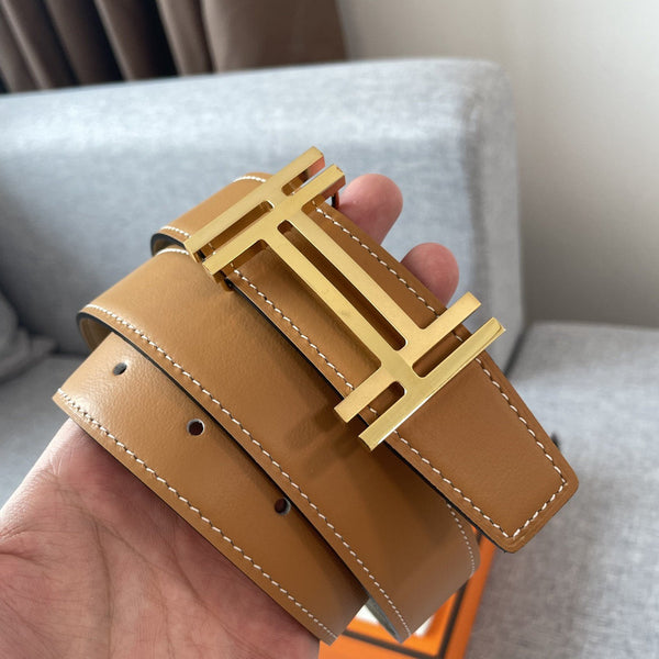 DOUBLE H REVERSIBLE BELT 32MM GOLD BUCKLE TIN GREY GOLD LEATHER