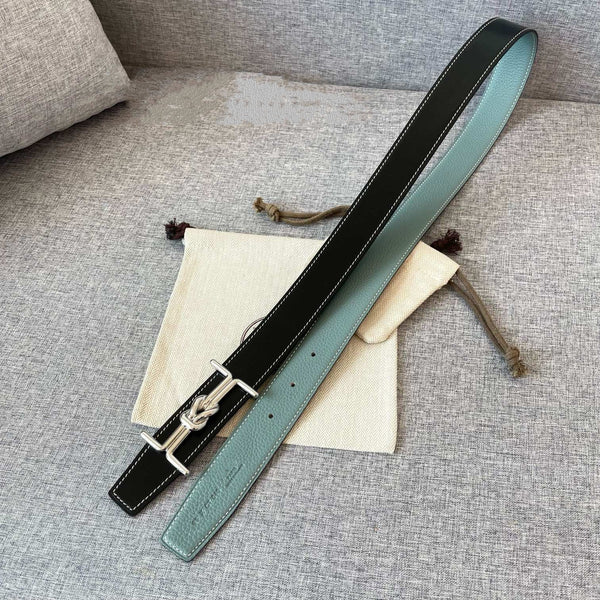 H MARIN REVERSIBLE BELT 32MM SILVER BUCKLE SKY BLUE BLACK LEATHER