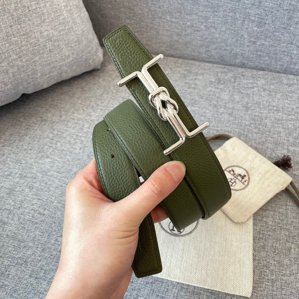 H MARIN REVERSIBLE BELT 32MM SILVER BUCKLE BLACK DARK GREEN LEATHER