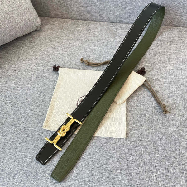 H MARIN REVERSIBLE BELT 32MM GOLD BUCKLE BLACK DARK GREEN LEATHER