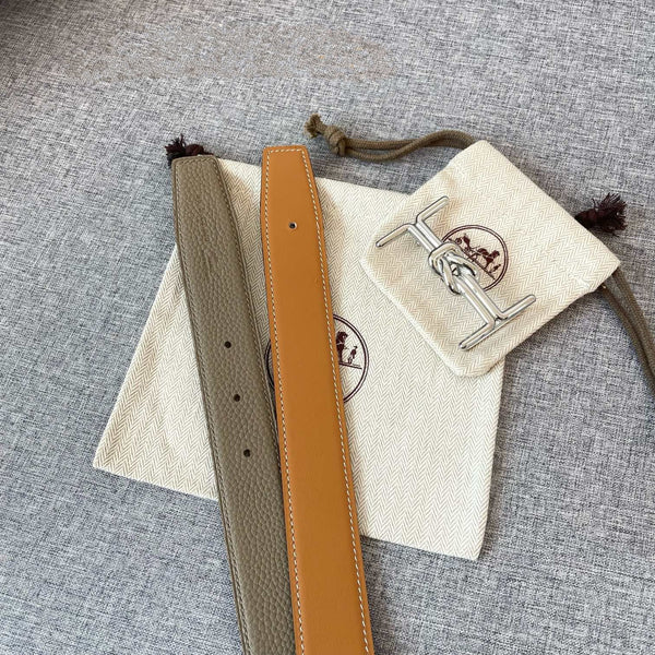 H MARIN REVERSIBLE BELT 32MM SILVER BUCKLE GOLD TIN GREY LEATHER