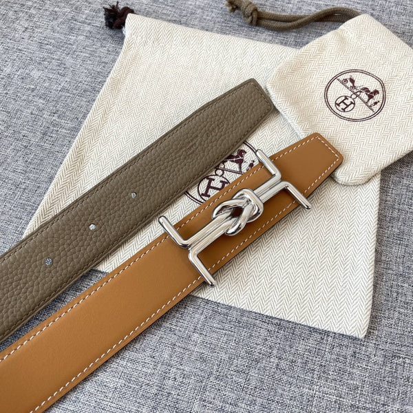 H MARIN REVERSIBLE BELT 32MM SILVER BUCKLE GOLD TIN GREY LEATHER