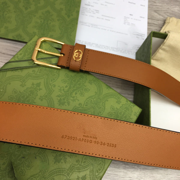 G BELT GOLD SQUARE INSTALL BUCKLE BROWN LEATHER 3.5CM