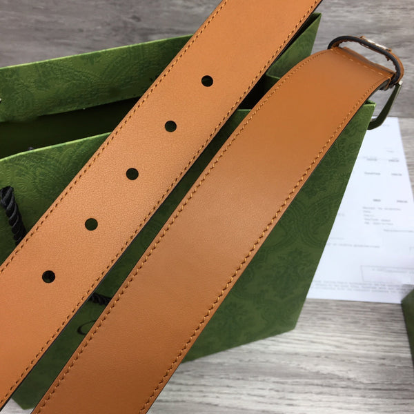 G BELT SILVER SQUARE INSTALL BUCKLE BROWN LEATHER 3.5CM