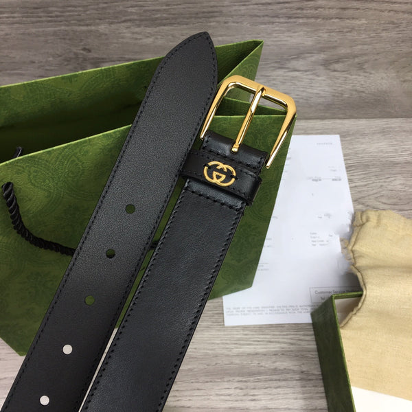 G BELT GOLD SQUARE INSTALL BUCKLE BLACK LEATHER 3.5CM