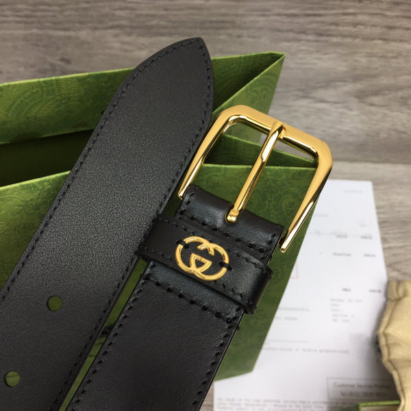 G BELT GOLD SQUARE INSTALL BUCKLE BLACK LEATHER 3.5CM