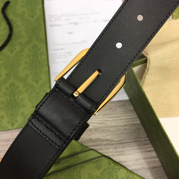 G BELT GOLD SQUARE INSTALL BUCKLE BLACK LEATHER 3.5CM
