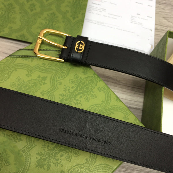 G BELT GOLD SQUARE INSTALL BUCKLE BLACK LEATHER 3.5CM