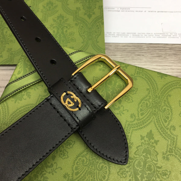 G BELT GOLD SQUARE INSTALL BUCKLE BLACK LEATHER 3.5CM
