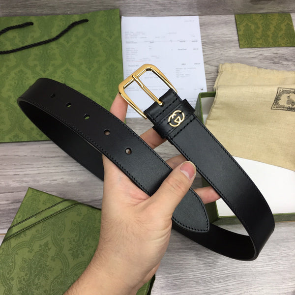 G BELT GOLD SQUARE INSTALL BUCKLE BLACK LEATHER 3.5CM