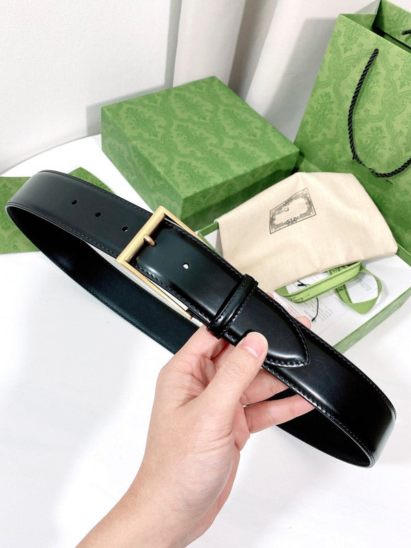 G BELT GOLD SQUARE INSTALL BUCKLE BLACK LEATHER 4.0CM