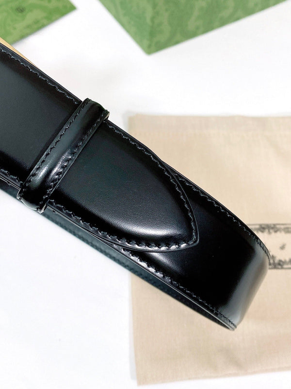 G BELT GOLD SQUARE INSTALL BUCKLE BLACK LEATHER 4.0CM