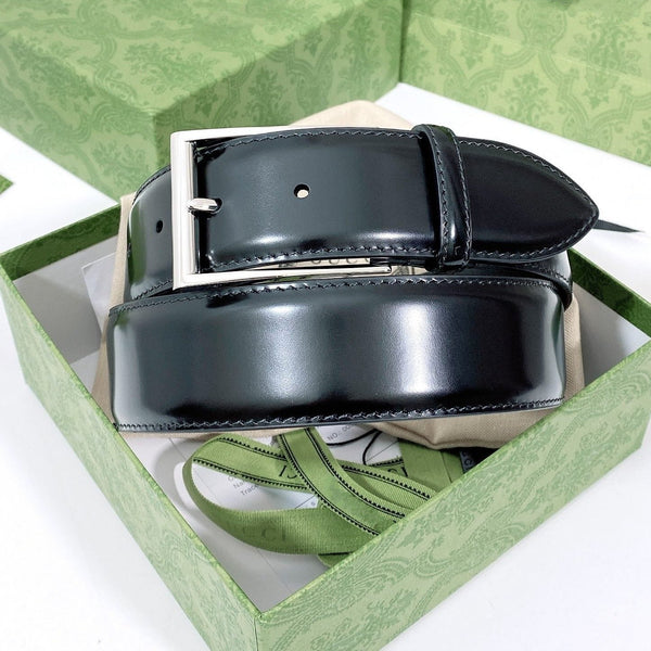 G BELT SILVER SQUARE INSTALL BUCKLE BLACK LEATHER 4.0CM