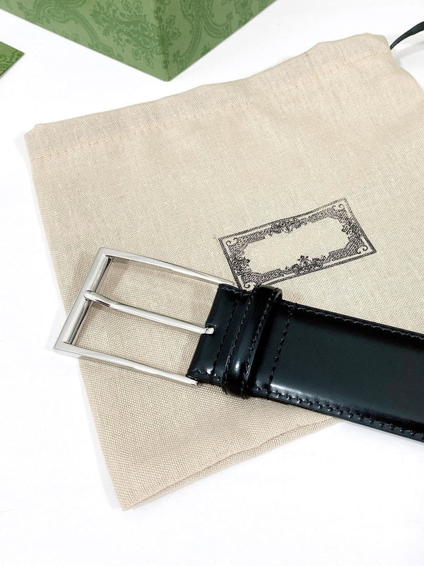 G BELT SILVER SQUARE INSTALL BUCKLE BLACK LEATHER 4.0CM