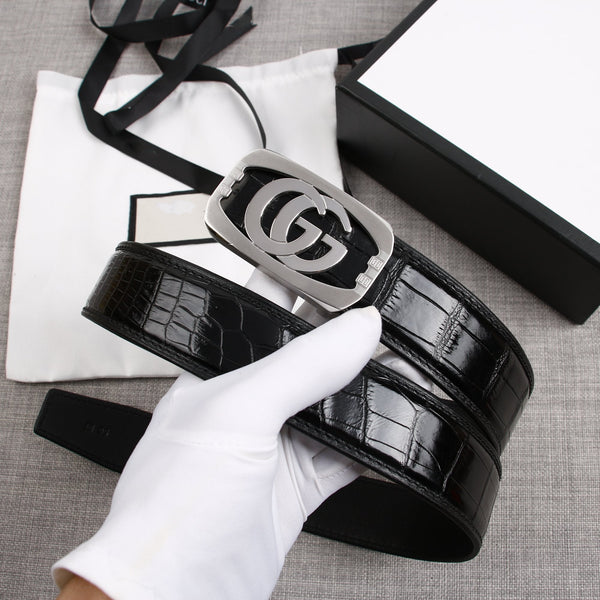 G BELT SILVER BUCKLE CROCODILE POLISHED BLACK 3.8CM