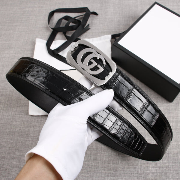 G BELT SILVER BUCKLE CROCODILE POLISHED BLACK 3.8CM