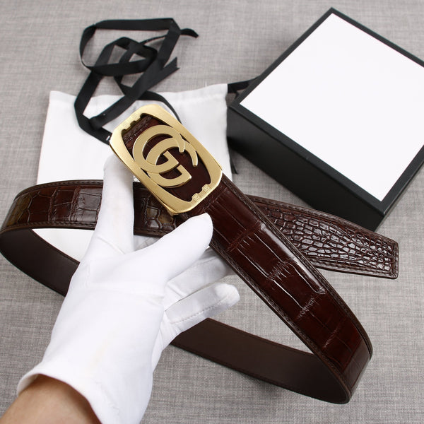 G BELT GOLD BUCKLE CROCODILE POLISHED BROWN 3.8CM