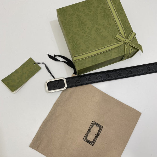 G BELT SILVER SQUARE BUCKLE BLACK LEATHER 3.5CM