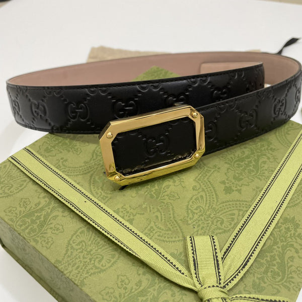 G BELT GOLD SQUARE BUCKLE BLACK LEATHER 3.5CM