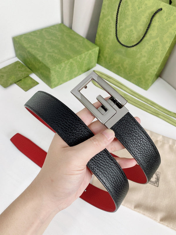 G BELT SILVER BUCKLE RED BLACK LEATHER 3.5CM