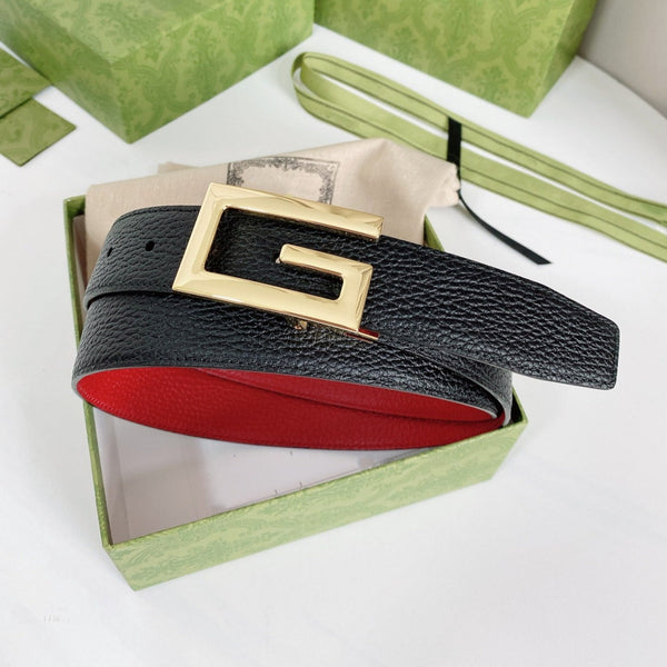G BELT GOLD BUCKLE RED BLACK LEATHER 3.5CM