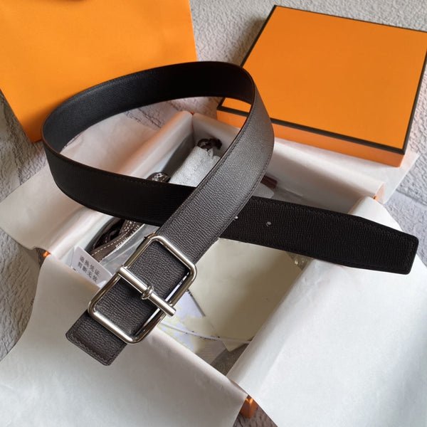 H BELT SILVER BUCKLE DARK BROWN BLACK LEATHER RIVERSIBLE 3.8CM