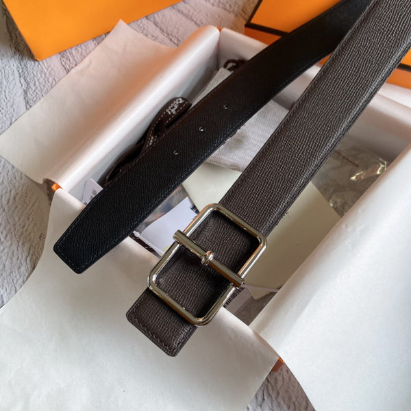 H BELT SILVER BUCKLE DARK BROWN BLACK LEATHER RIVERSIBLE 3.8CM