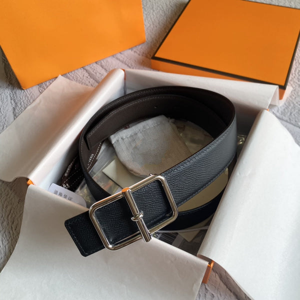 H BELT SILVER BUCKLE DARK BROWN BLACK LEATHER RIVERSIBLE 3.8CM