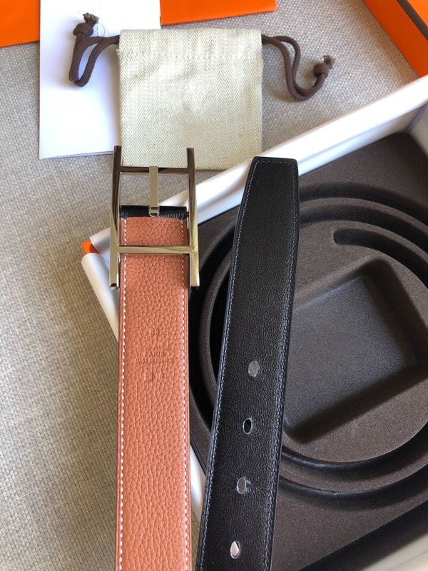 H BELT SILVER BUCKLE BROWN BLACK LEATHER REVERSIBLE 3.2CM