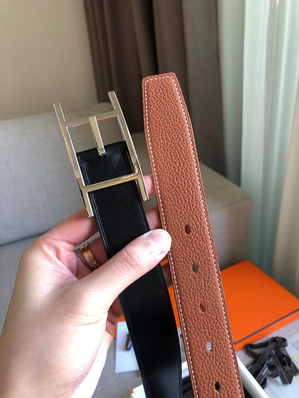 H BELT SILVER BUCKLE BROWN BLACK LEATHER REVERSIBLE 3.2CM