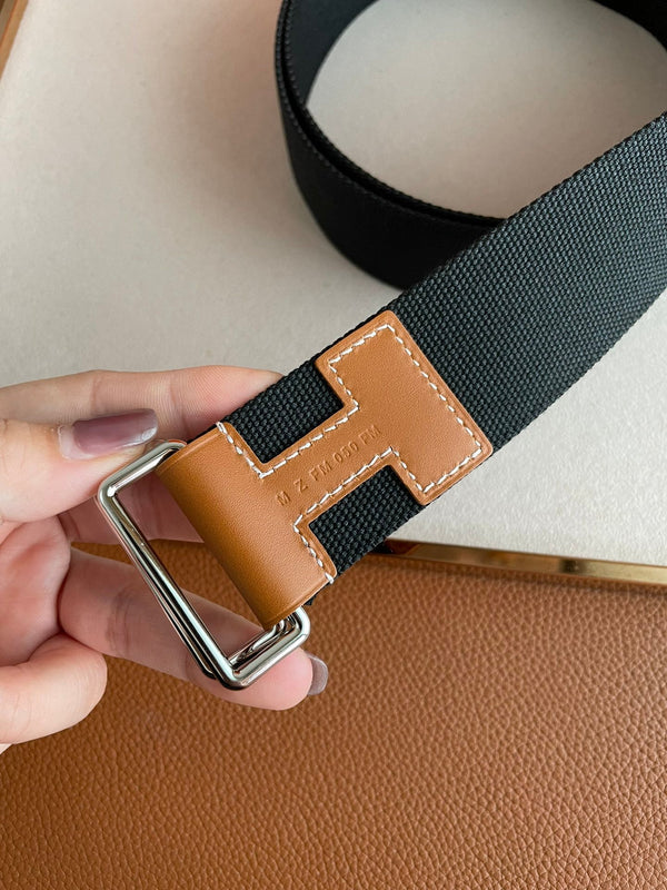 CINTURA H IN PELLE MARRONE E TESSUTO NERO DA 4,0 CM