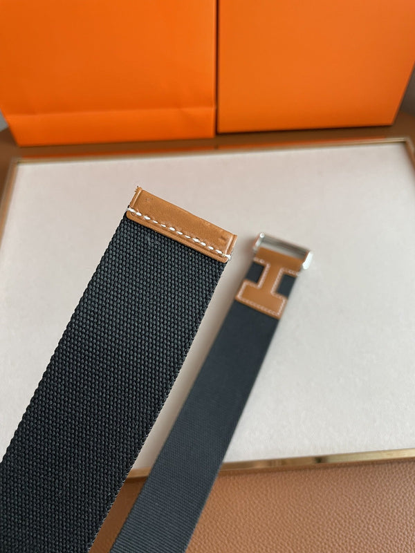 CINTURA H IN PELLE MARRONE E TESSUTO NERO DA 4,0 CM