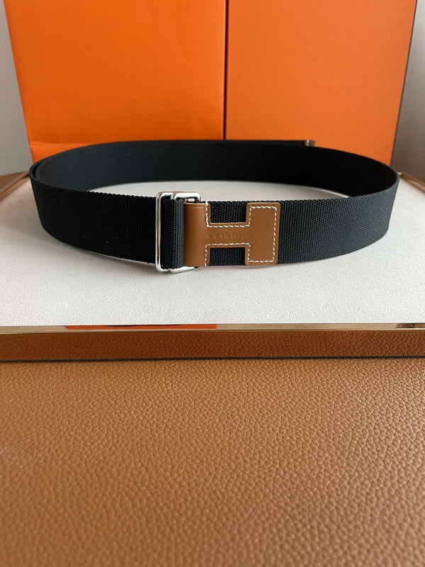 CINTURA H IN PELLE MARRONE E TESSUTO NERO DA 4,0 CM