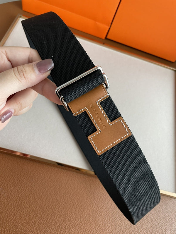 CINTURA H IN PELLE MARRONE E TESSUTO NERO DA 4,0 CM