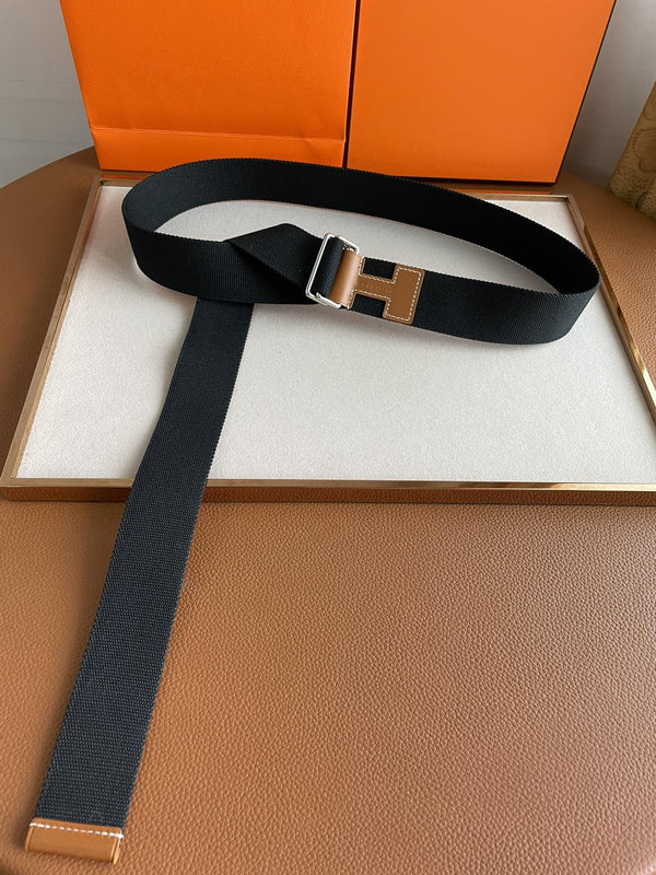 CINTURA H IN PELLE MARRONE E TESSUTO NERO DA 4,0 CM