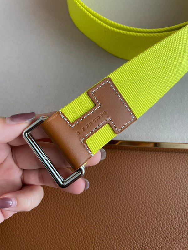 CINTURA H IN PELLE MARRONE E TESSUTO GIALLO DA 4,0 CM