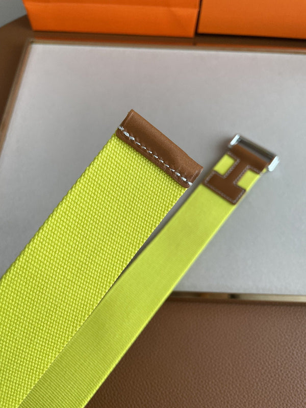 CINTURA H IN PELLE MARRONE E TESSUTO GIALLO DA 4,0 CM