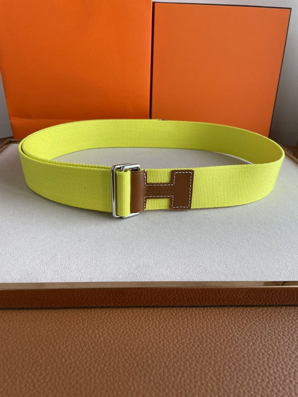 CINTURA H IN PELLE MARRONE E TESSUTO GIALLO DA 4,0 CM