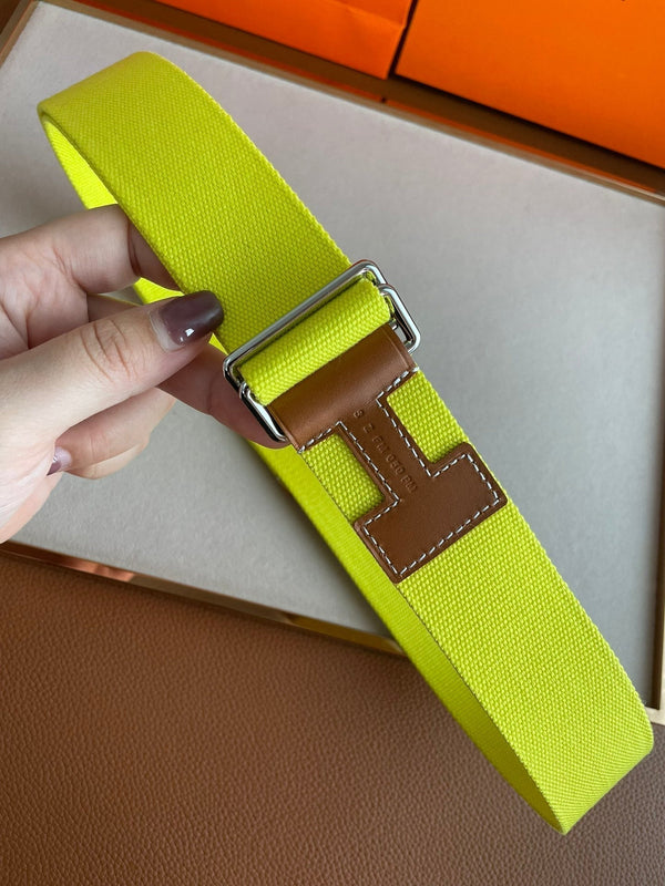 CINTURA H IN PELLE MARRONE E TESSUTO GIALLO DA 4,0 CM