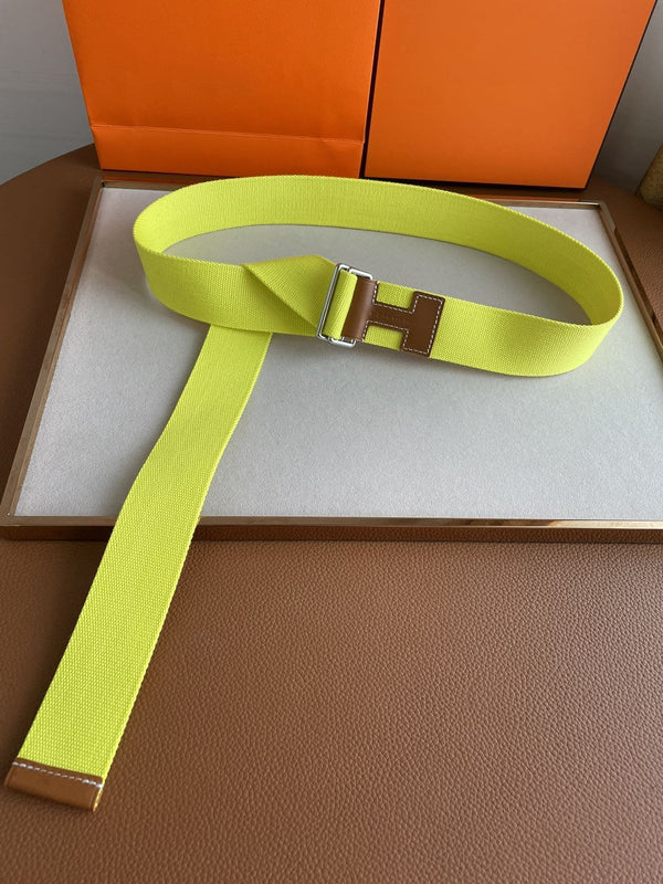 CINTURA H IN PELLE MARRONE E TESSUTO GIALLO DA 4,0 CM