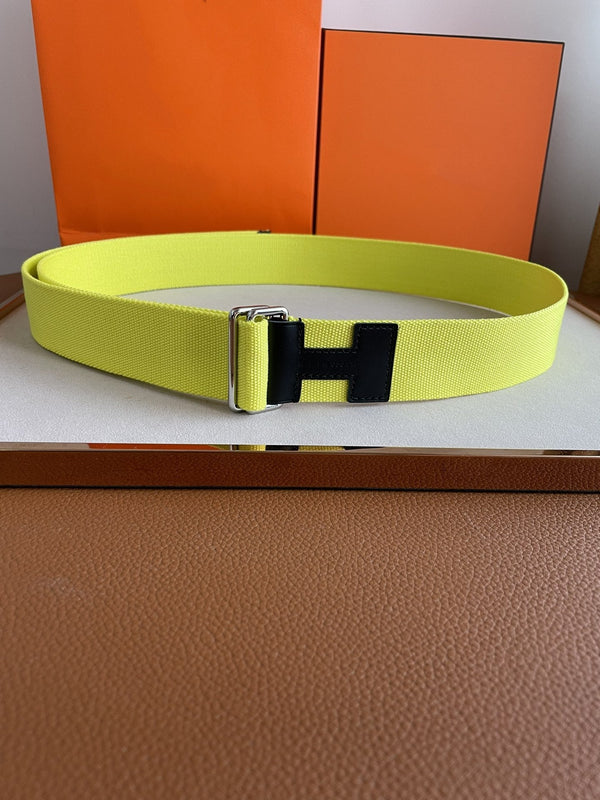 CINTURA H IN PELLE NERA TESSILE GIALLO 4,0 CM