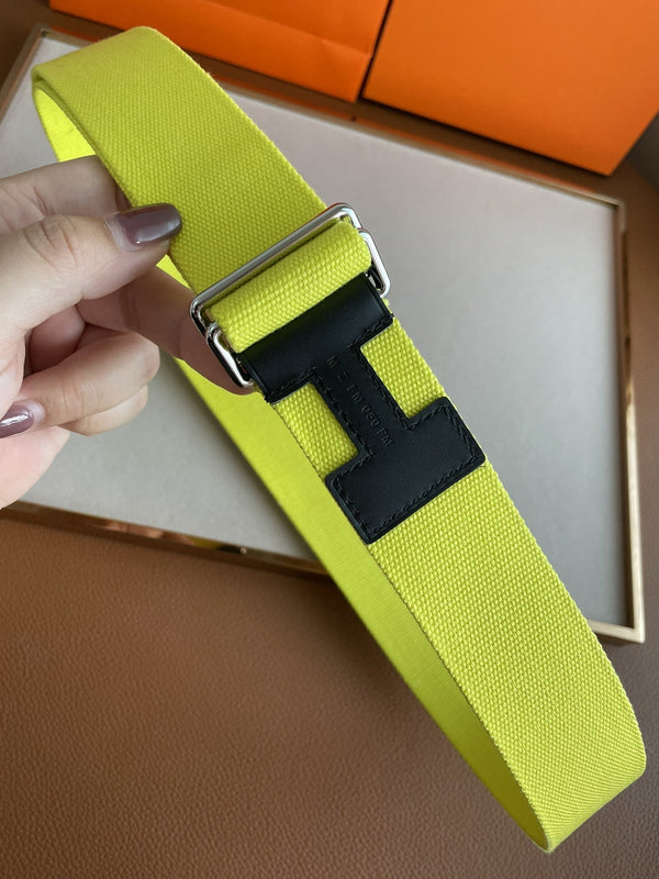 CINTURA H IN PELLE NERA TESSILE GIALLO 4,0 CM