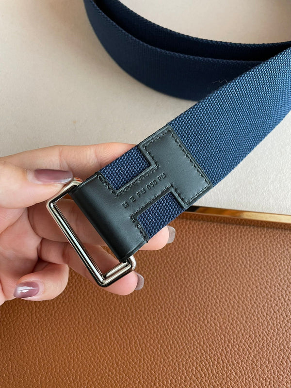 4.0CM BLUE TEXTILE BLACK LEATHER H BELT