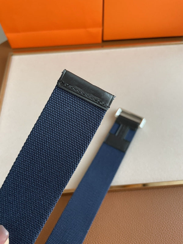 4.0CM BLUE TEXTILE BLACK LEATHER H BELT